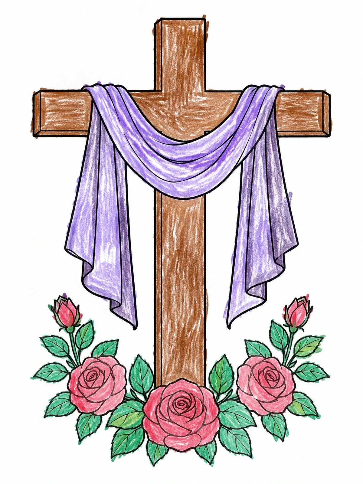 Colored example of the Draped Cross With Blooming Roses coloring page