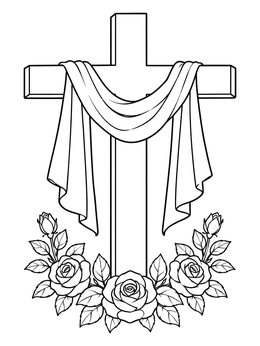 Free printable Draped Cross With Blooming Roses coloring page