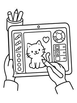 Free printable Drawing A Cat On A Tablet coloring page