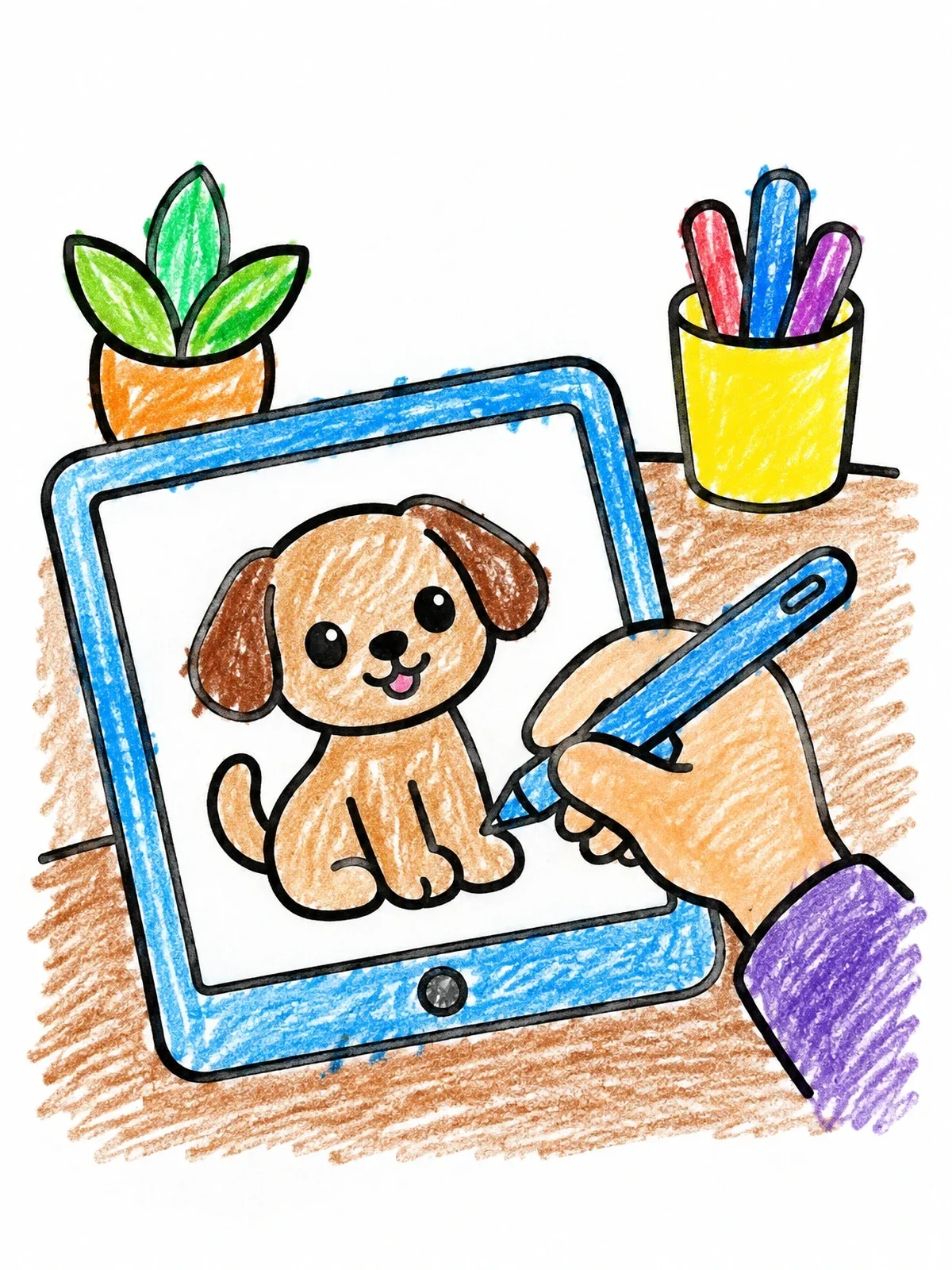 Colored example of the Drawing A Puppy On A Tablet coloring page