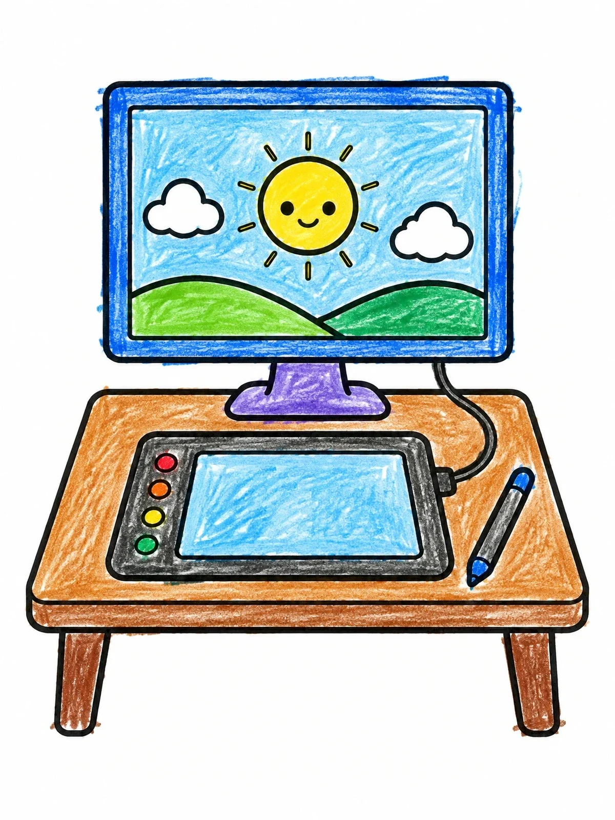 Colored example of the Drawing Tablet And Desktop Computer coloring page