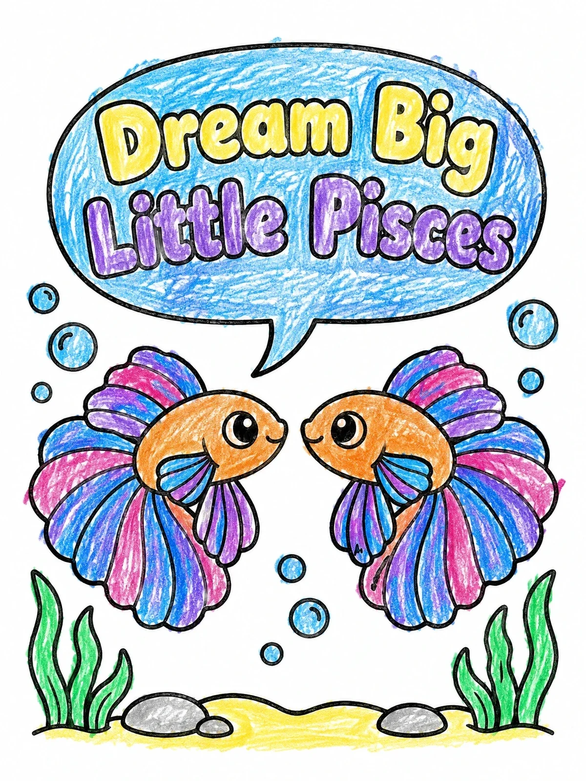 Colored example of the Dream Big Little Pisces Fish coloring page