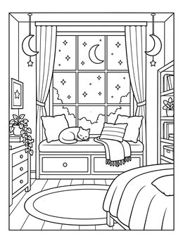 A cat sleeps on a window seat in this peaceful dream coloring page.