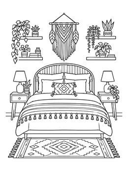 A cozy bedroom with macrame wall decor and houseplants in this relaxing dream coloring page.