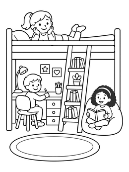 Free printable Cozy Loft Bed Bedroom Play coloring page