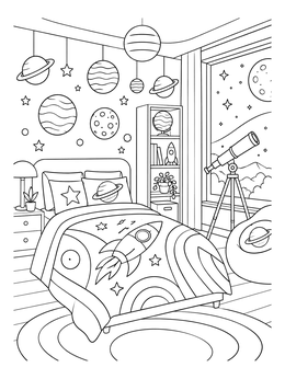 Telescope and rocket bed in this dream coloring page showing a space bedroom.