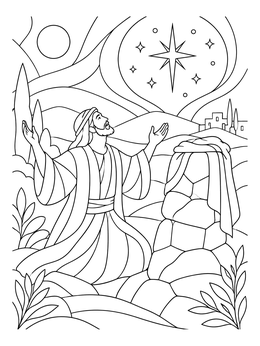 A man kneels under radiant night stars in this biblical dream coloring page.