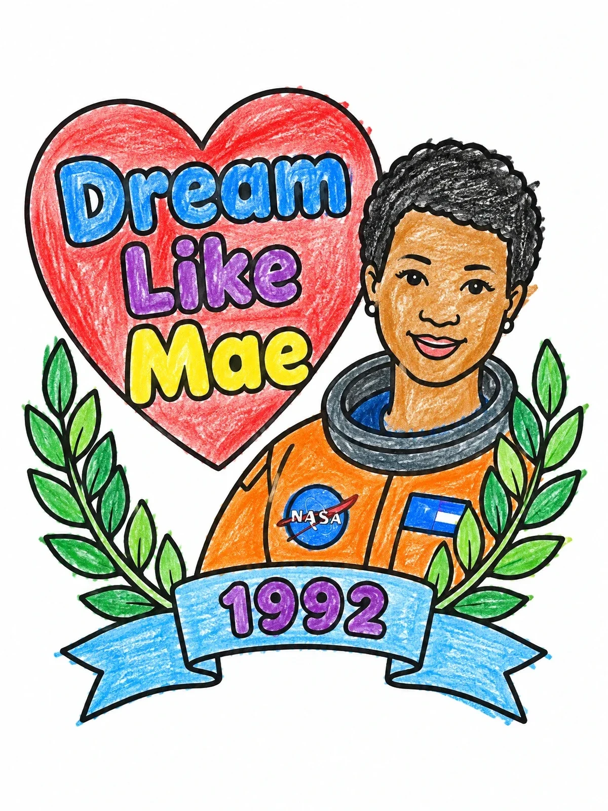 Colored example of the Dream Like Mae Astronaut Portrait coloring page