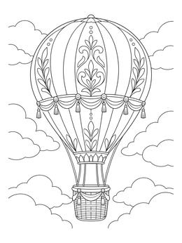 A vintage hot air balloon with elegant patterns floating among clouds in a dream coloring page.