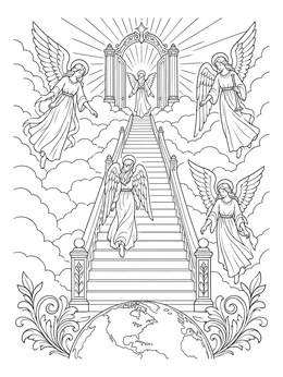Celestial dream coloring page featuring angels ascending a grand stairway from Earth into heavenly clouds.