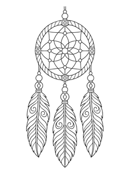 A decorative dreamcatcher hanging with three detailed plumes in this feather coloring page.