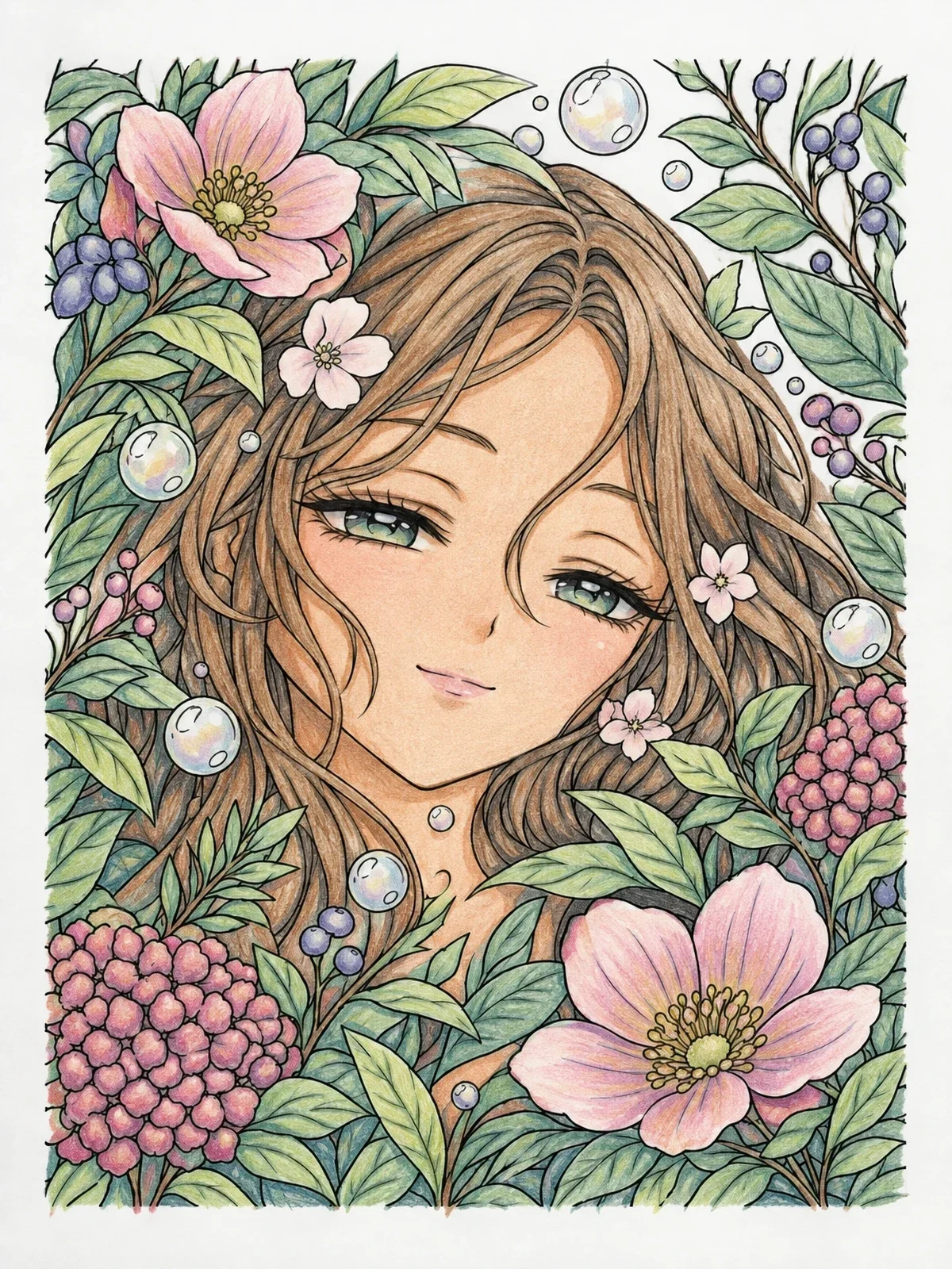 Colored example of the Dreamy Anime Eyes In Flower Garden coloring page