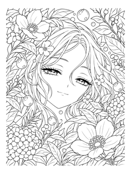 Gentle anime eyes coloring page framed by flowers and bubbles.