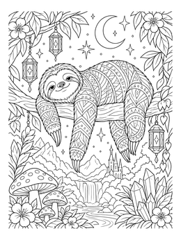 A detailed sloth coloring page featuring zentangle patterns resting on a branch under a crescent moon.
