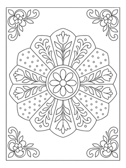 A floral Dresden plate pattern sits in this quilt coloring page with decorative corner borders.