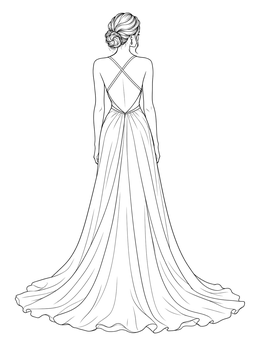 An elegant evening dress coloring page viewed from the back with a sweeping train.