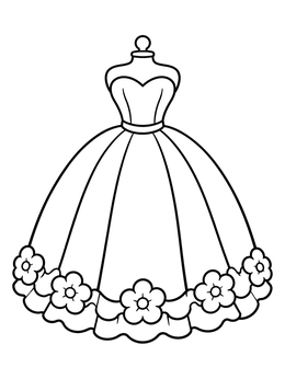 A ball gown on a mannequin in this dress coloring page with flowers on the hem.