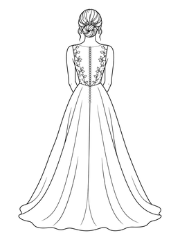 An elegant bridal gown with button details featured in this dress coloring page.