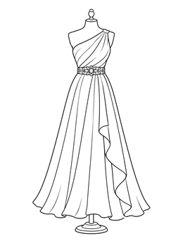 A flowing one-shoulder gown with an ornate belt displayed on a stand in this dress coloring page.