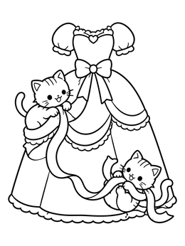 Two happy kittens playing with ribbon on a fancy gown in this dress coloring page.