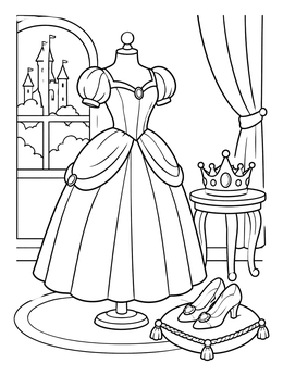A fairytale dress coloring page with a royal gown, crown, and glass slippers.