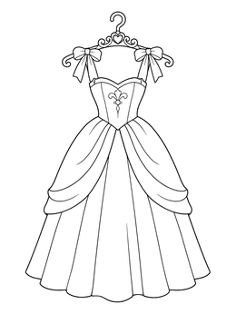 A fairytale gown hangs on an ornate tiara hanger in this dress coloring page.