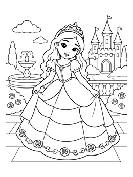 A smiling princess holds her ball gown in this dress coloring page with a castle garden.