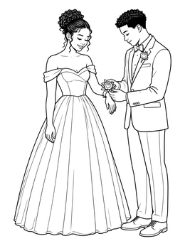 A teen couple ready for prom in this elegant dress coloring page.