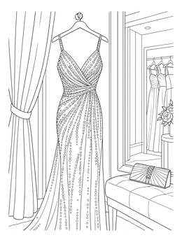 An elegant sequined gown hangs in a boutique on this dress coloring page.