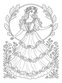 A woodland princess in an ornate gown surrounded by flowers on this dress coloring page.