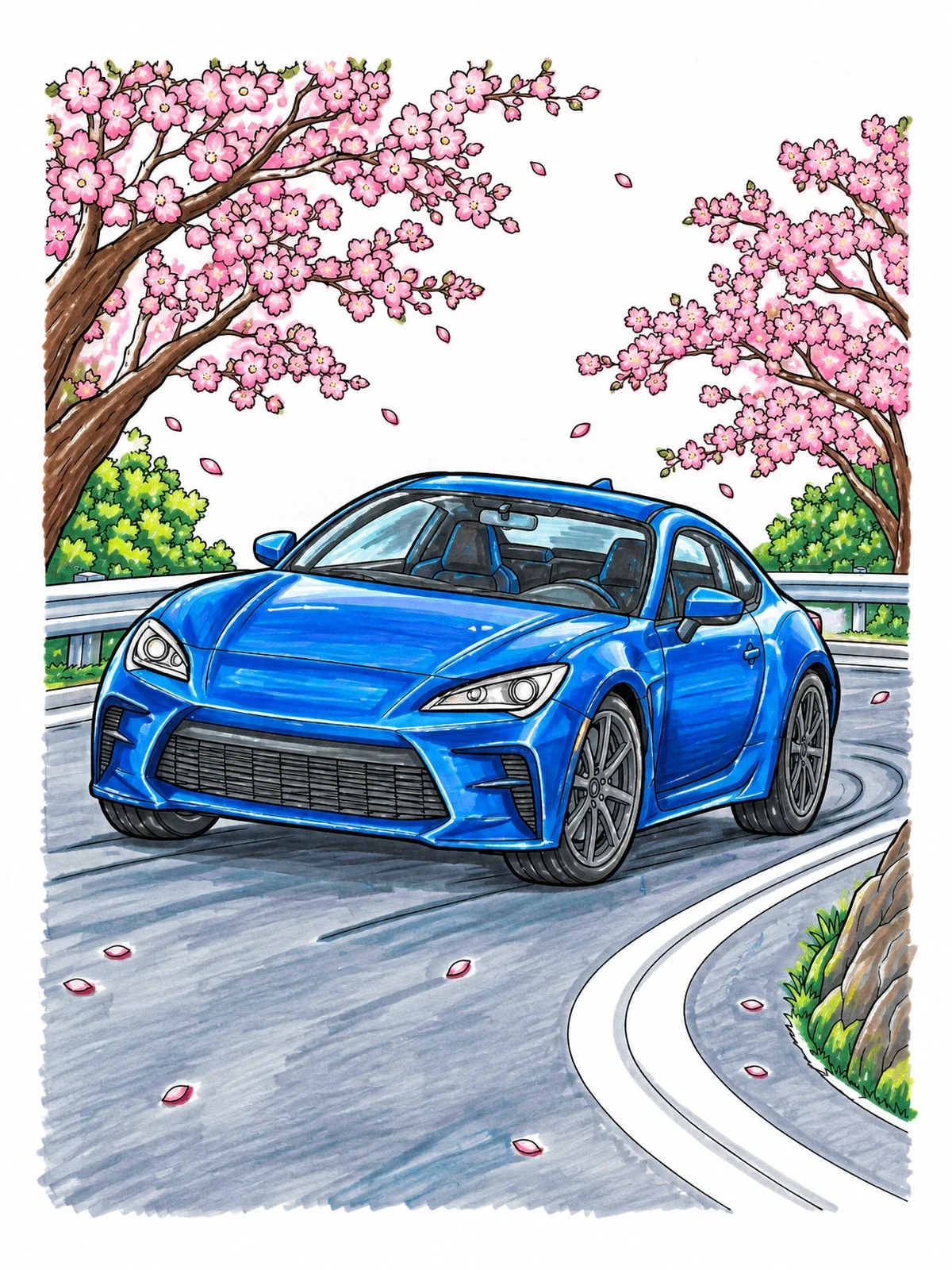 Colored example of the Sports Coupe Drifting Under Cherry Blossoms coloring page