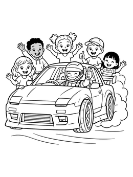 Free printable Drift Car Driver And Cheering Kids coloring page