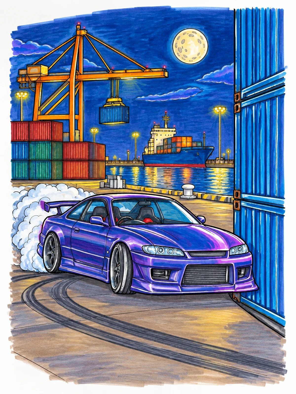 Colored example of the Drift Car At Harbor Docks coloring page
