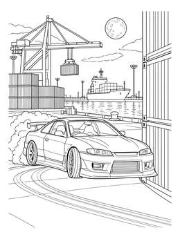 Free printable Drift Car At Harbor Docks coloring page