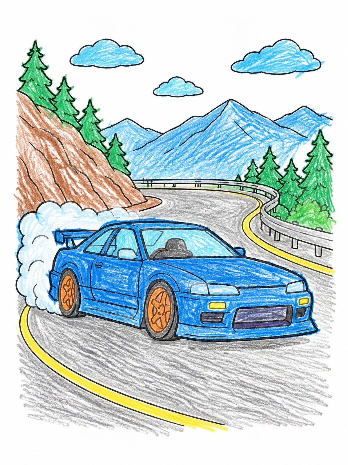 Colored example of the Drift Car On Mountain Pass coloring page