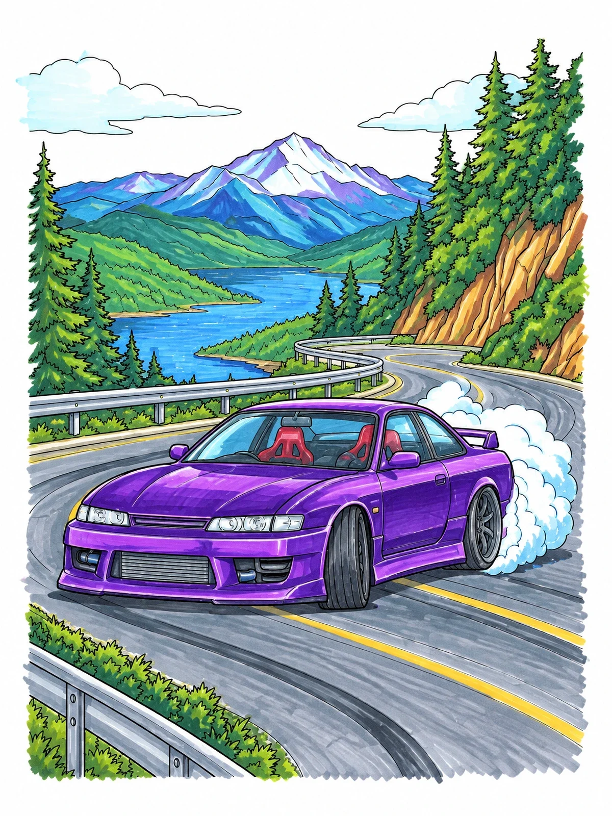 Colored example of the Drift Car On Mountain Pass coloring page