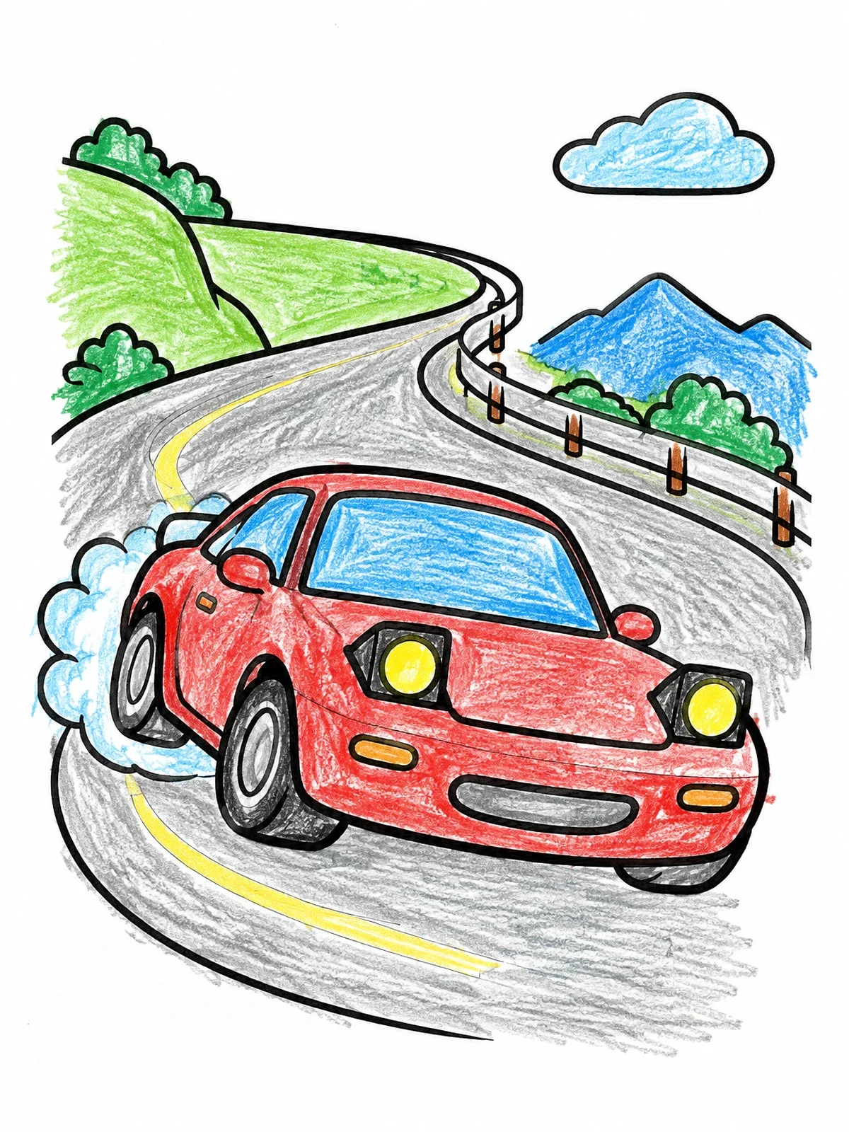 Colored example of the Drift Car On Mountain Road coloring page