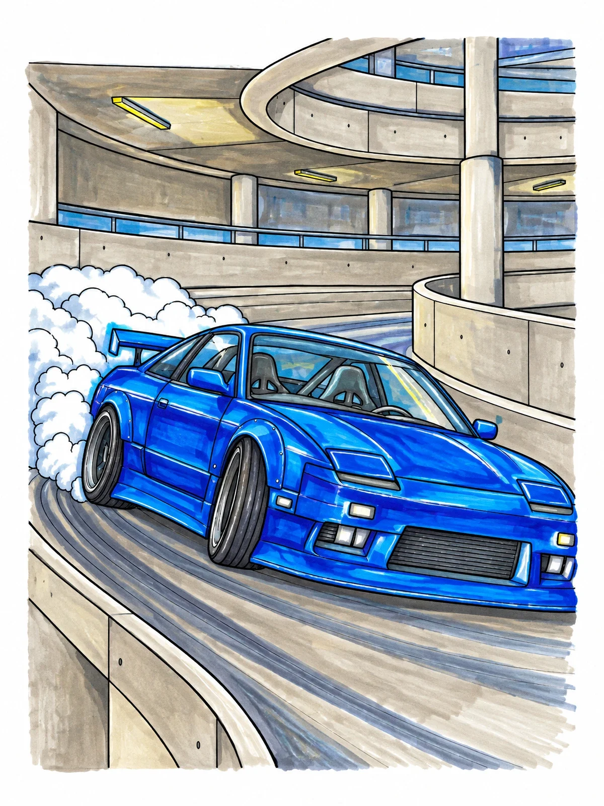 Colored example of the Drift Car On Spiral Parking Ramp coloring page