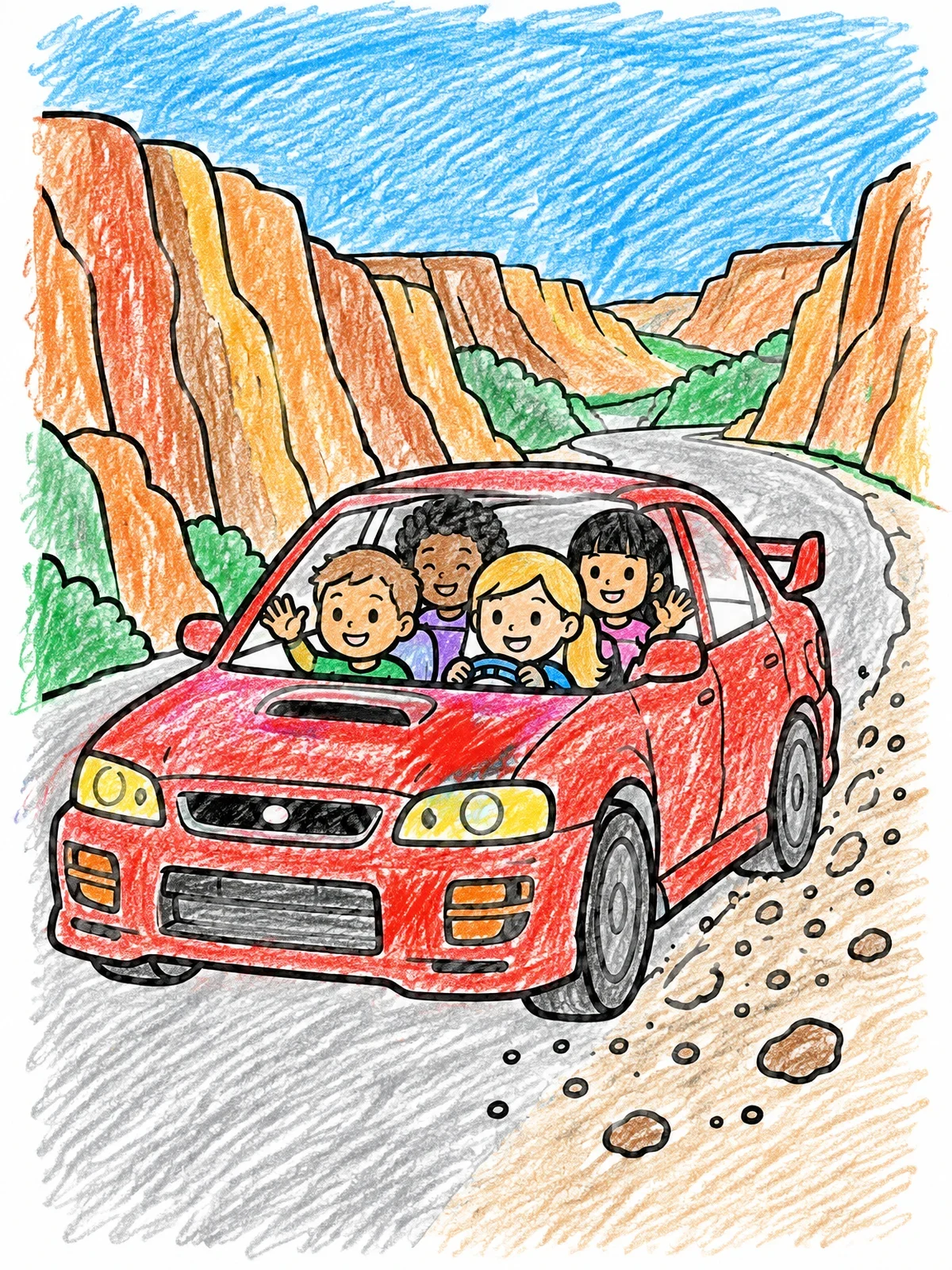 Colored example of the Sports Sedan Canyon Road Trip coloring page