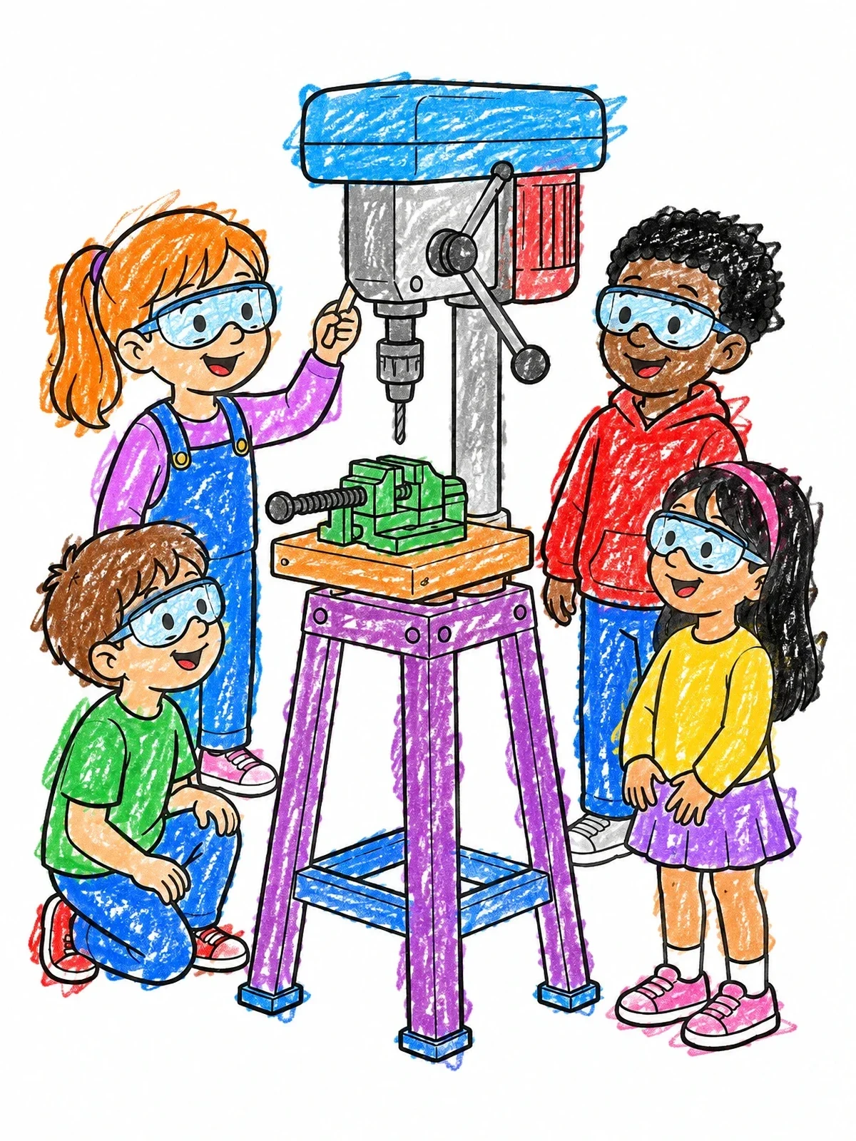 Colored example of the Children Learning Workshop Drill Press coloring page