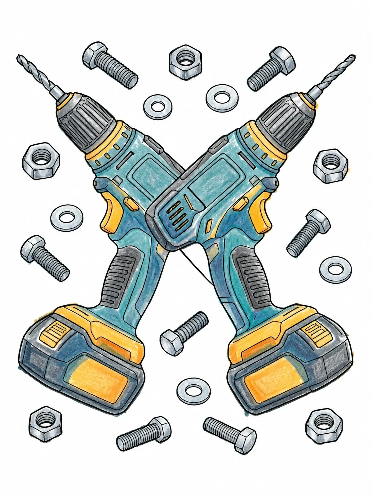 Colored example of the Crossed Cordless Power Drills With Hardware coloring page