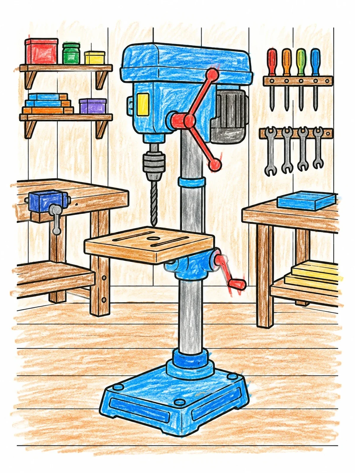 Colored example of the Pillar Drill In A Workshop coloring page