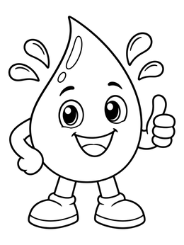 A smiling droplet mascot gives a thumbs up on this drinking water coloring page.