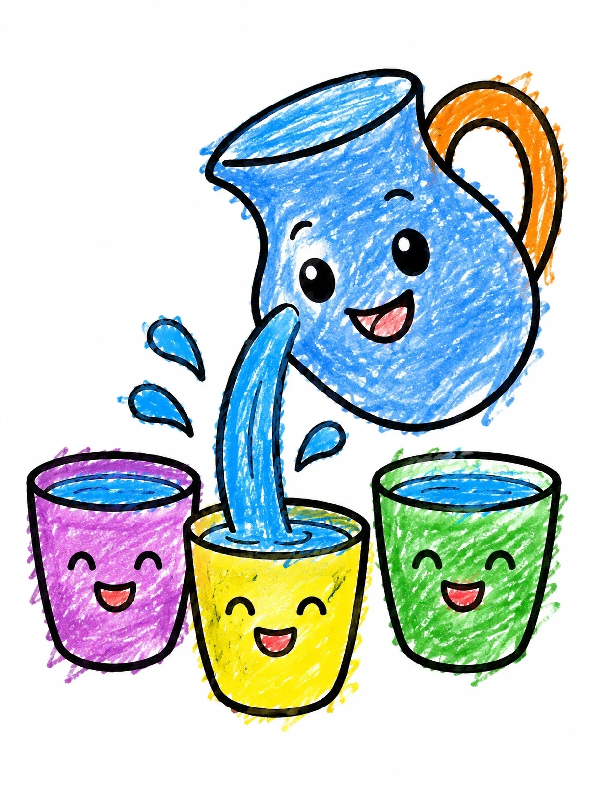 Colored example of the Cute Pitcher Pouring Water Into Cups coloring page