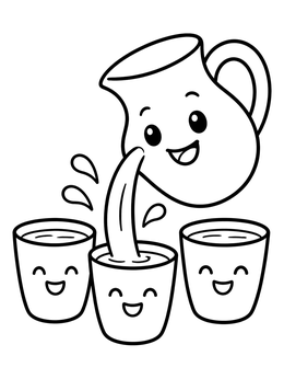 Free printable Cute Pitcher Pouring Water Into Cups coloring page