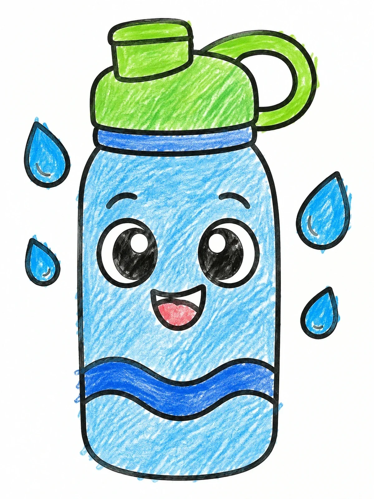 Colored example of the Happy Water Bottle With Droplets coloring page