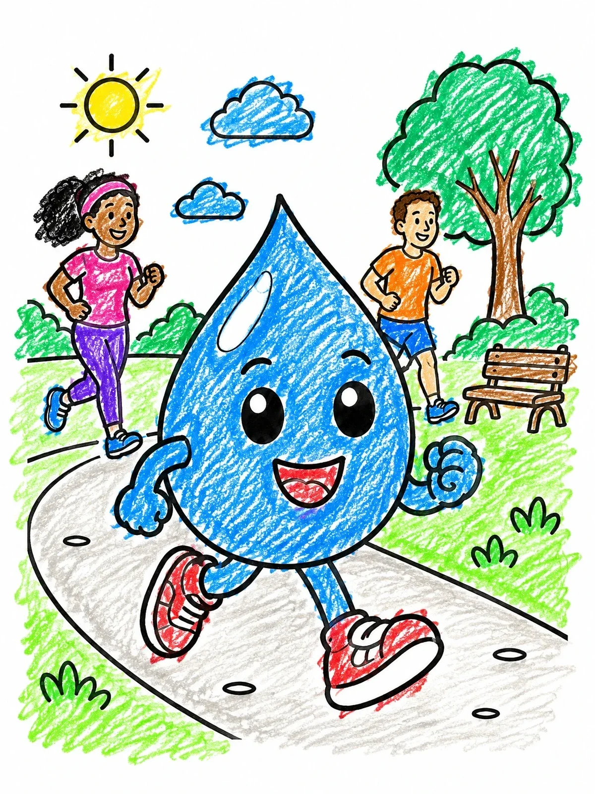 Colored example of the Jogging Water Drop In The Park coloring page