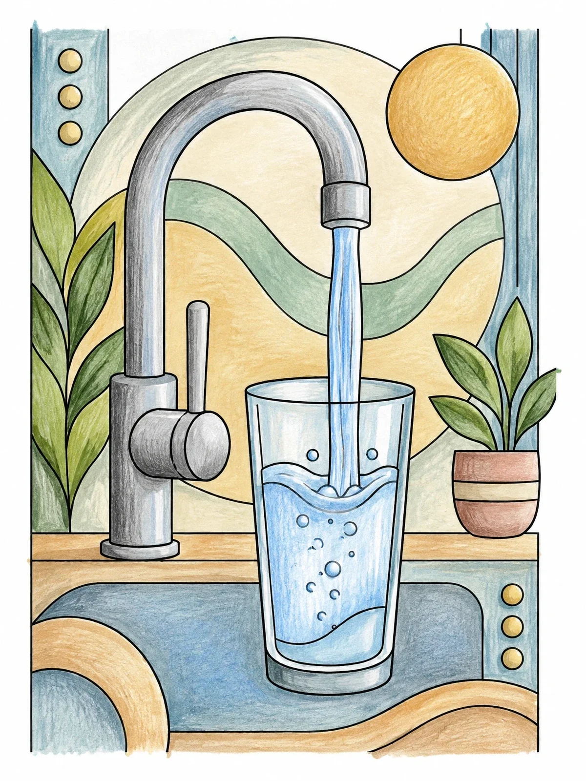 Colored example of the Kitchen Tap Filling Water Glass coloring page