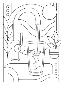 A modern kitchen faucet pouring water on this drinking water coloring page.