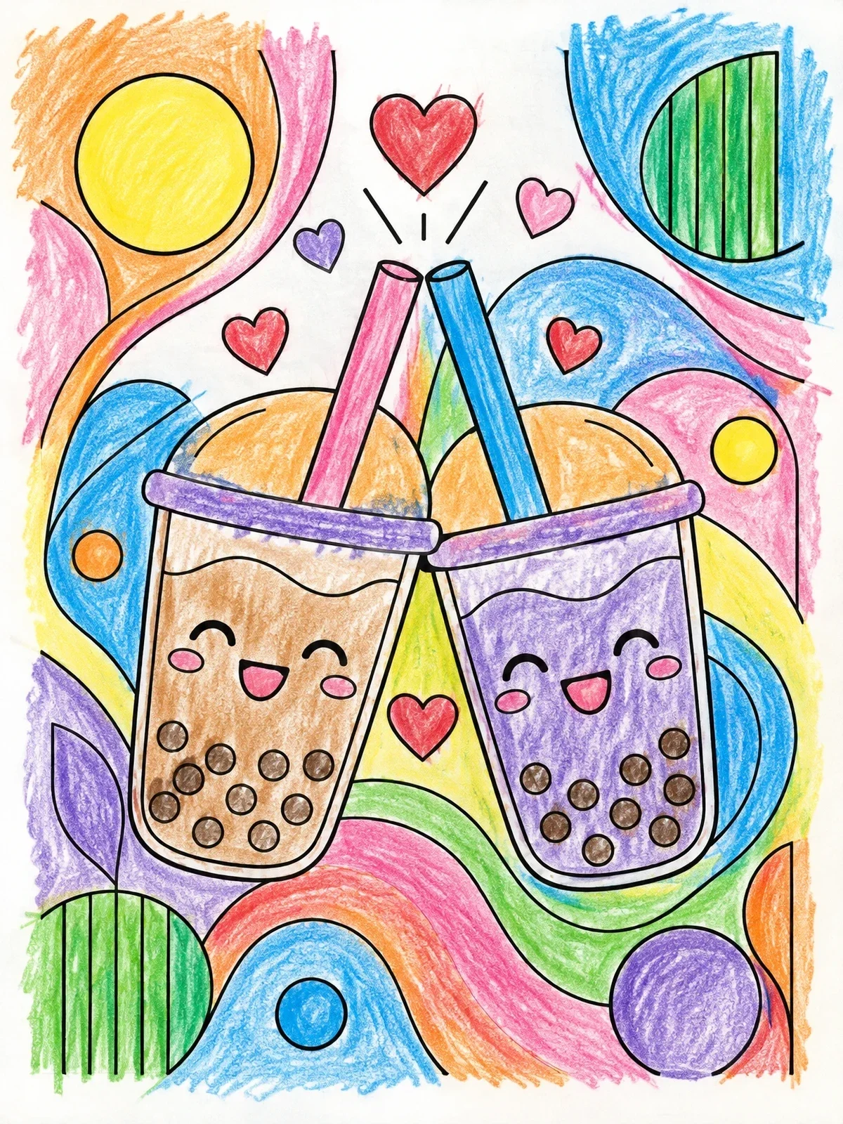 Colored example of the Cute Bubble Tea Toast coloring page
